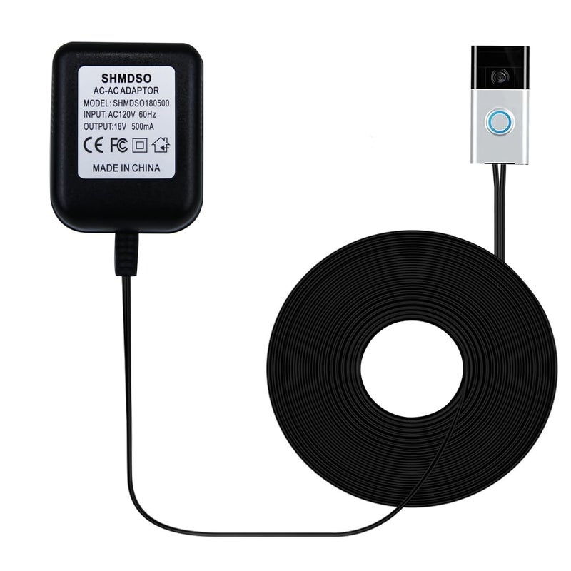 SHMDSO 18Volt Doorbell Power Supply 33 Foot Output Line and 18V500MA Transformer Converter Compatible with Arlo, Nest, Wyze, Eufy, Ring Video Doorbell Power Adapte（33 feet Black） - Image 1